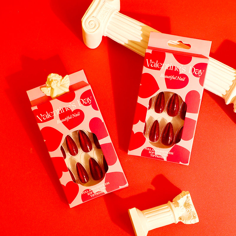 Valentine's Day Red Cat's Eye Almond Press On Nails - NoirNail