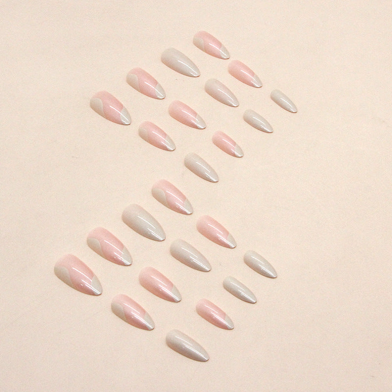 Freshwater Pearls French Tip Almond 24PCS Free Size Press on Nails W690