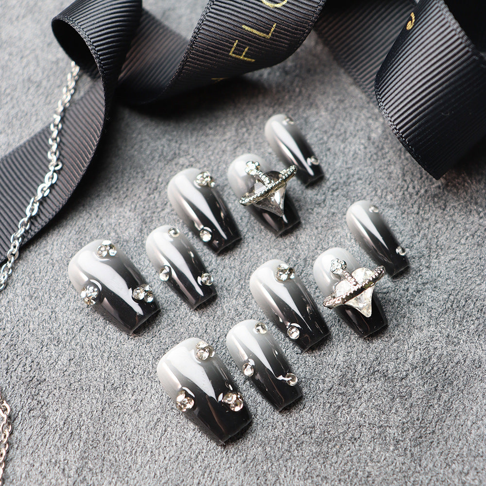 Black Velvet Rhinestones Y2K Handmade Coffin Press On Nails 114