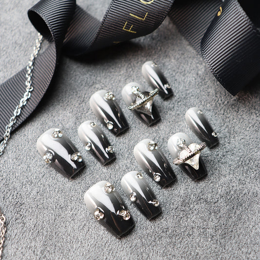 Black Velvet Rhinestones Y2K Handmade Coffin Press On Nails 114