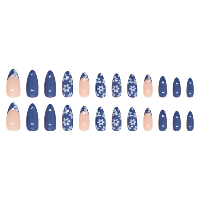 Blue Flowers Almond 24PCS Free Size Press on Nails W1766