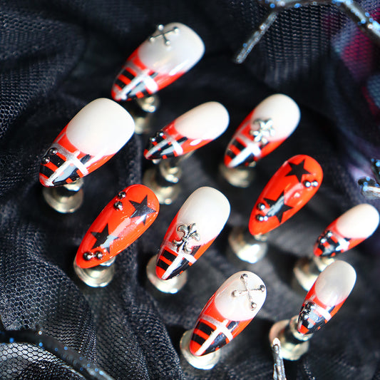 Pop Art Orange Star Y2K Handmade Almond  Nails A659 - NoirNail