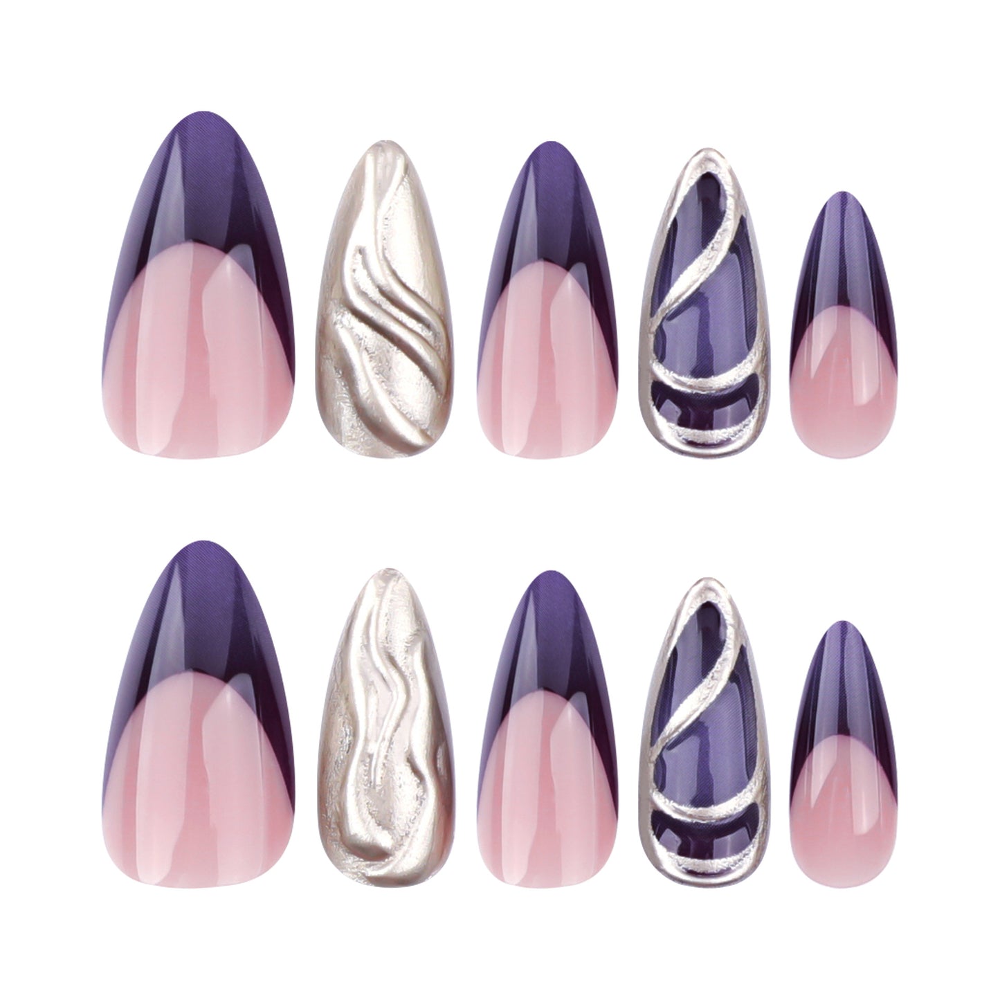 Future Metallic Y2K Deep French Almond 24PCS Free Size Press on Nails JP3515