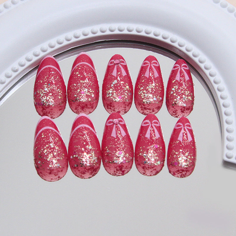 Hollow French Flash Bow Almond 24PCS Free Size Press on Nails  Z1003