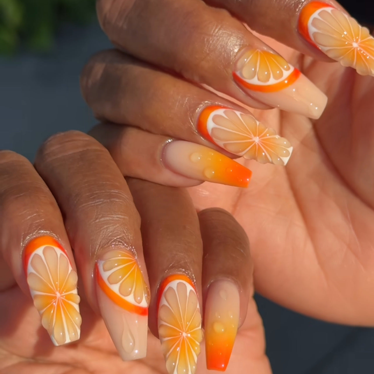 3D Fruit Orange 24PCS Coffin Free Size Press on Nails JP3560