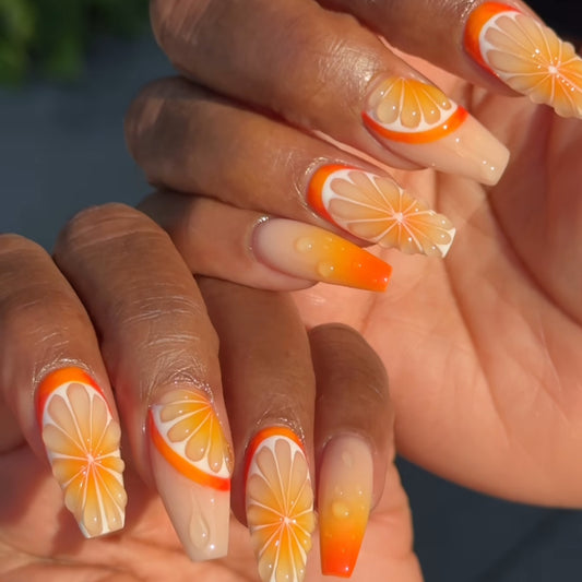 3D Fruit Orange 24PCS Coffin Free Size Press on Nails JP3560
