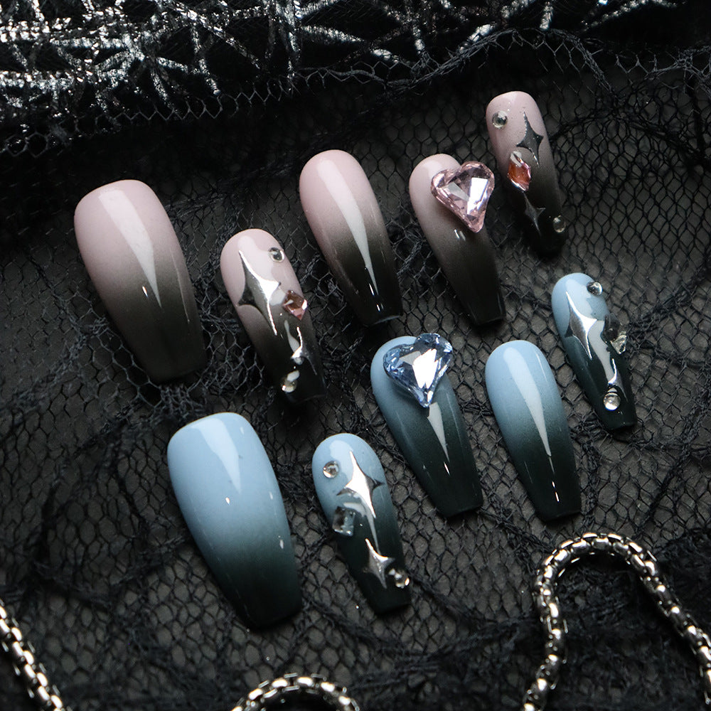 Gemini Rhinestones Handmade Coffin  Nails P28 - NoirNail