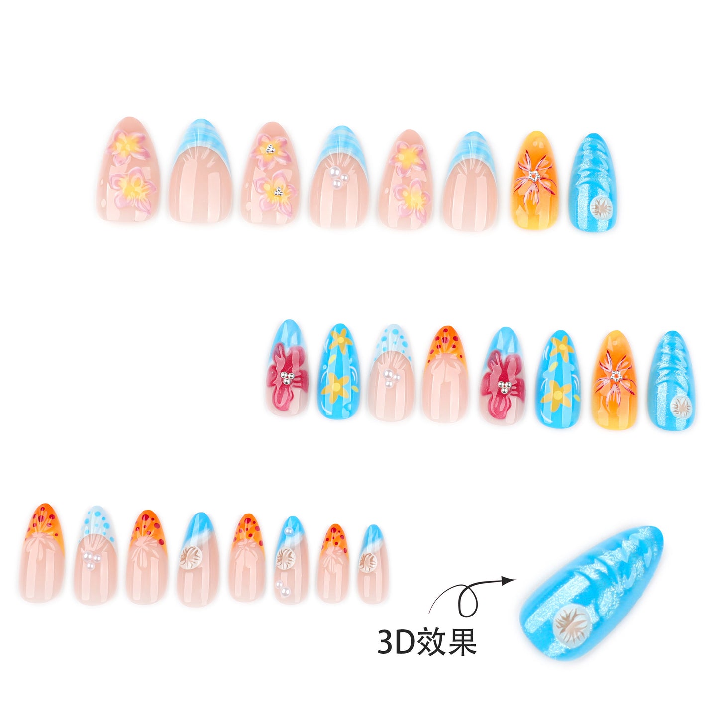 Tropical Flowers Almond 24PCS Free Size Press on Nails JP3900