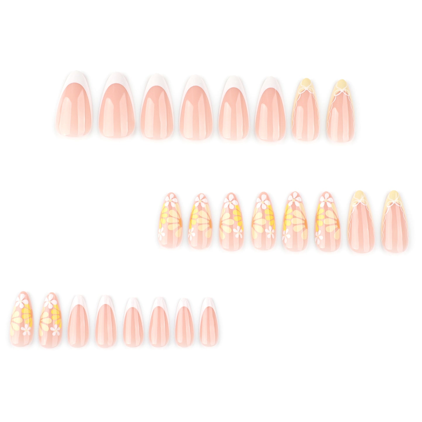Yellow Flowers Almond 24PCS Free Size Press on Nails JP3796