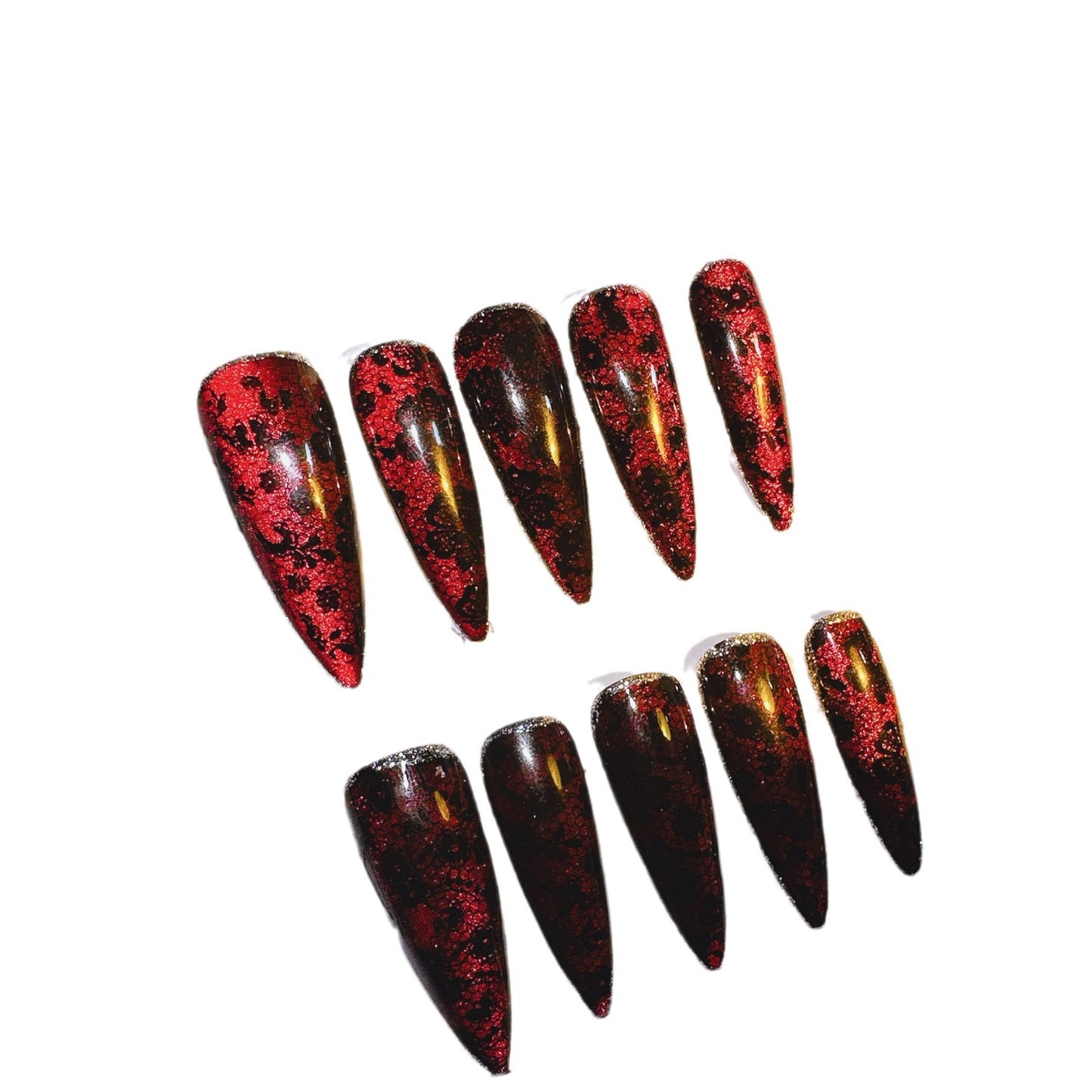 Red photosensitive cat-eye lace 100% Handmade Pressons - NoirNail