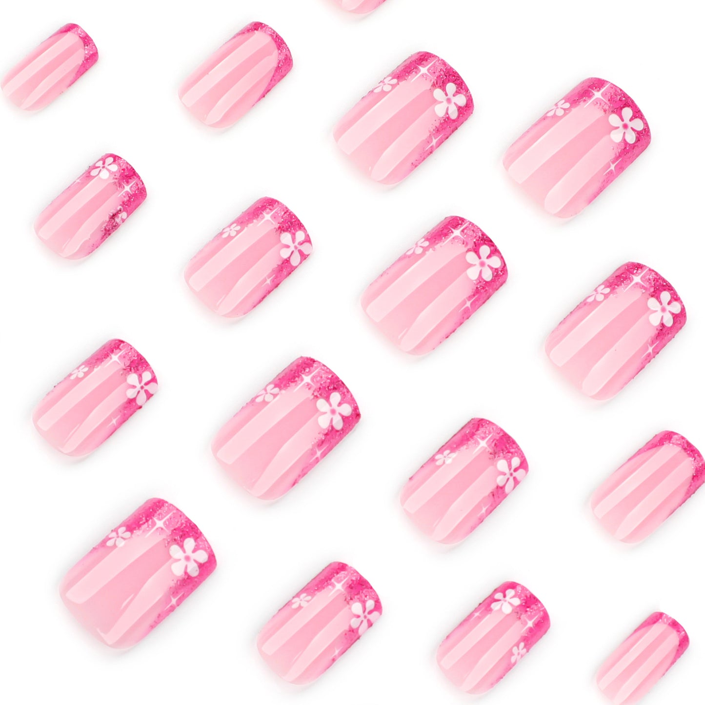 French Rose Red Glitter Square 24PCS Free Size Press on Nails JP3936