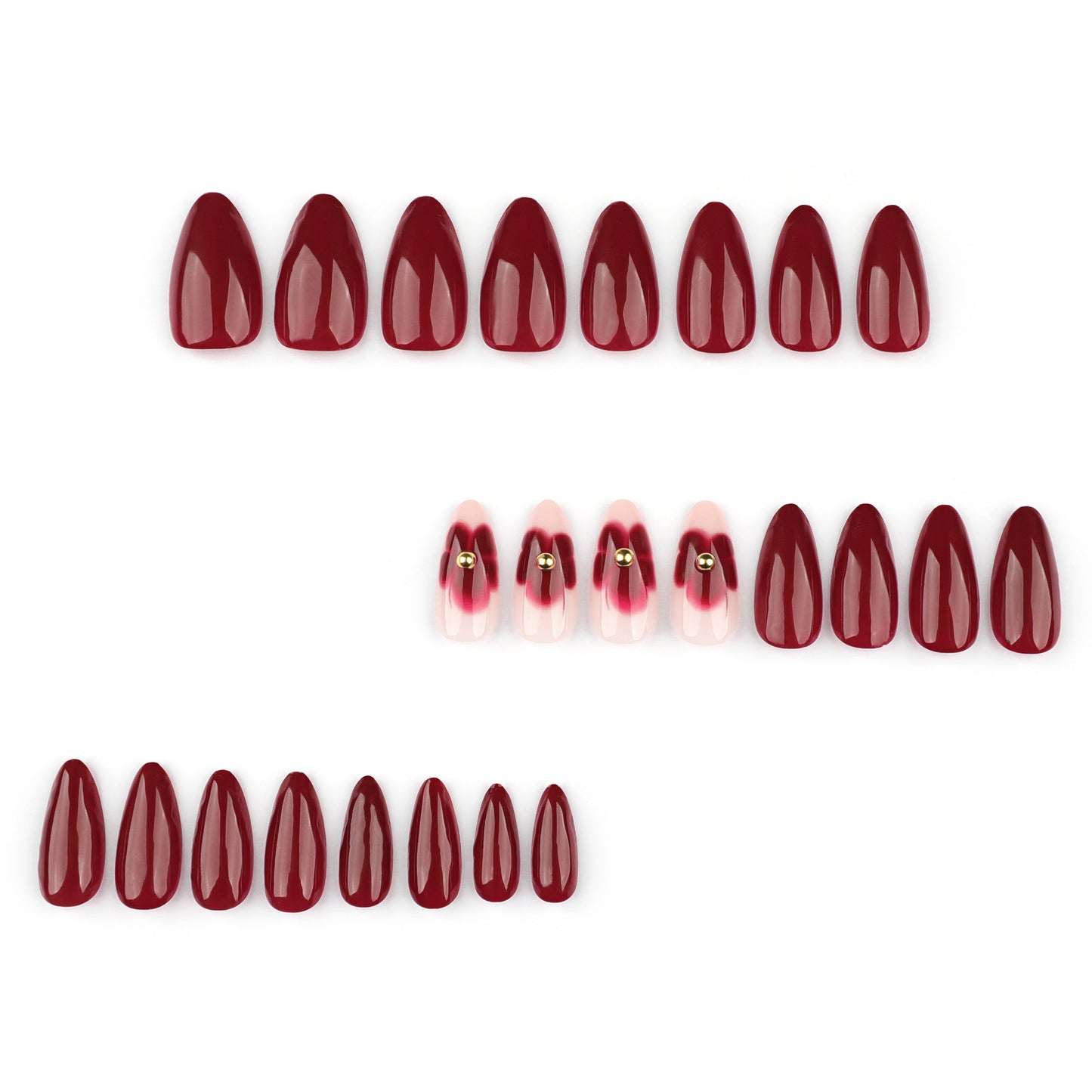 Red Blooming Flowers Almond 24PCS Free Size Press on Nails JP3695