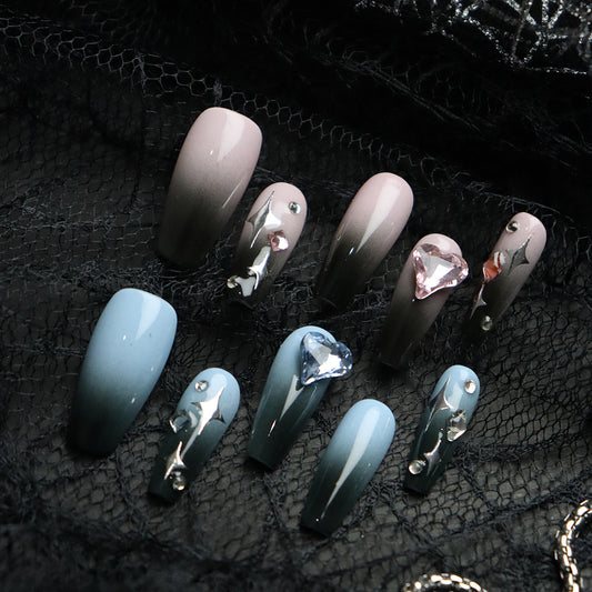 Gemini Rhinestones Handmade Coffin  Nails P28 - NoirNail