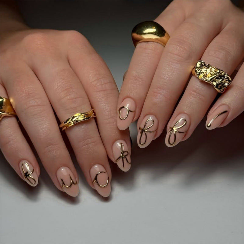 3D Gilded Letters Almond 24PCS Free Size Press on Nails JP3791
