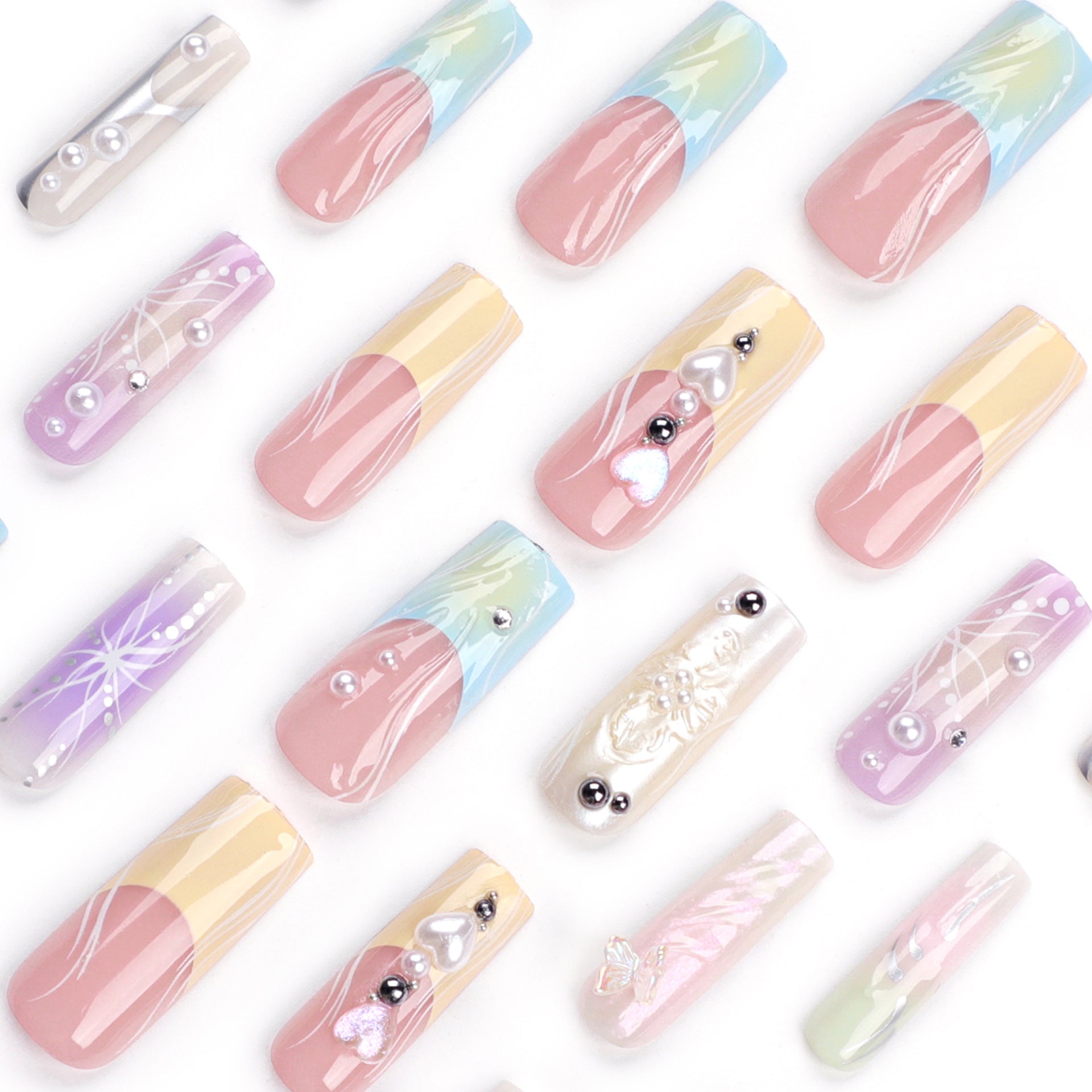 French 3D Water Ripple Gradient Ocean Series Extra Long Square Press on Nails - NoirNail