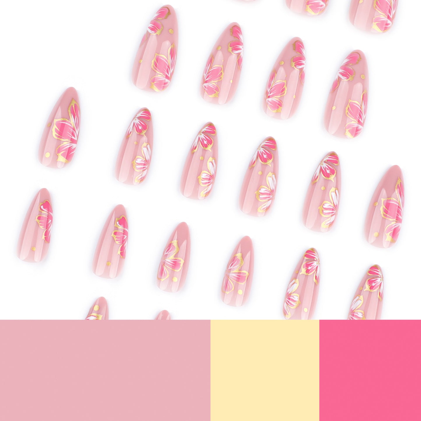 Gilded Pink Flowers Almond 24PCS Free Size Press on Nails JP3734