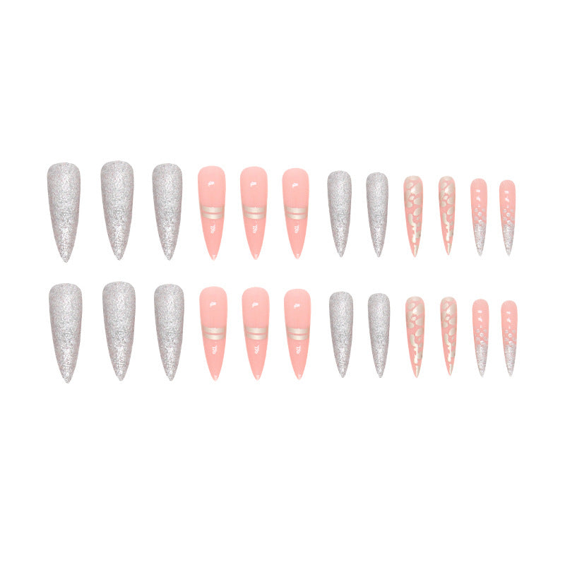 Gold Foil Lines Almond 24PCS Free Size Press on Nails W764