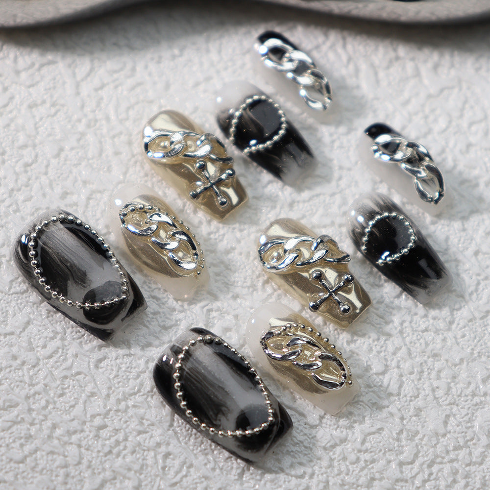 Chain Metallic Y3K Handmade Coffin Press On Nails A586