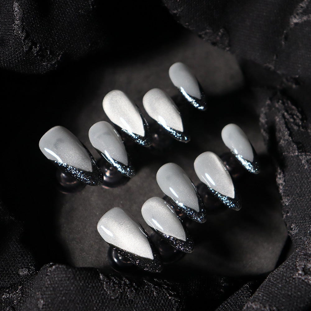 Black Swan French Tip Handmade Almond Press On Nails  A545