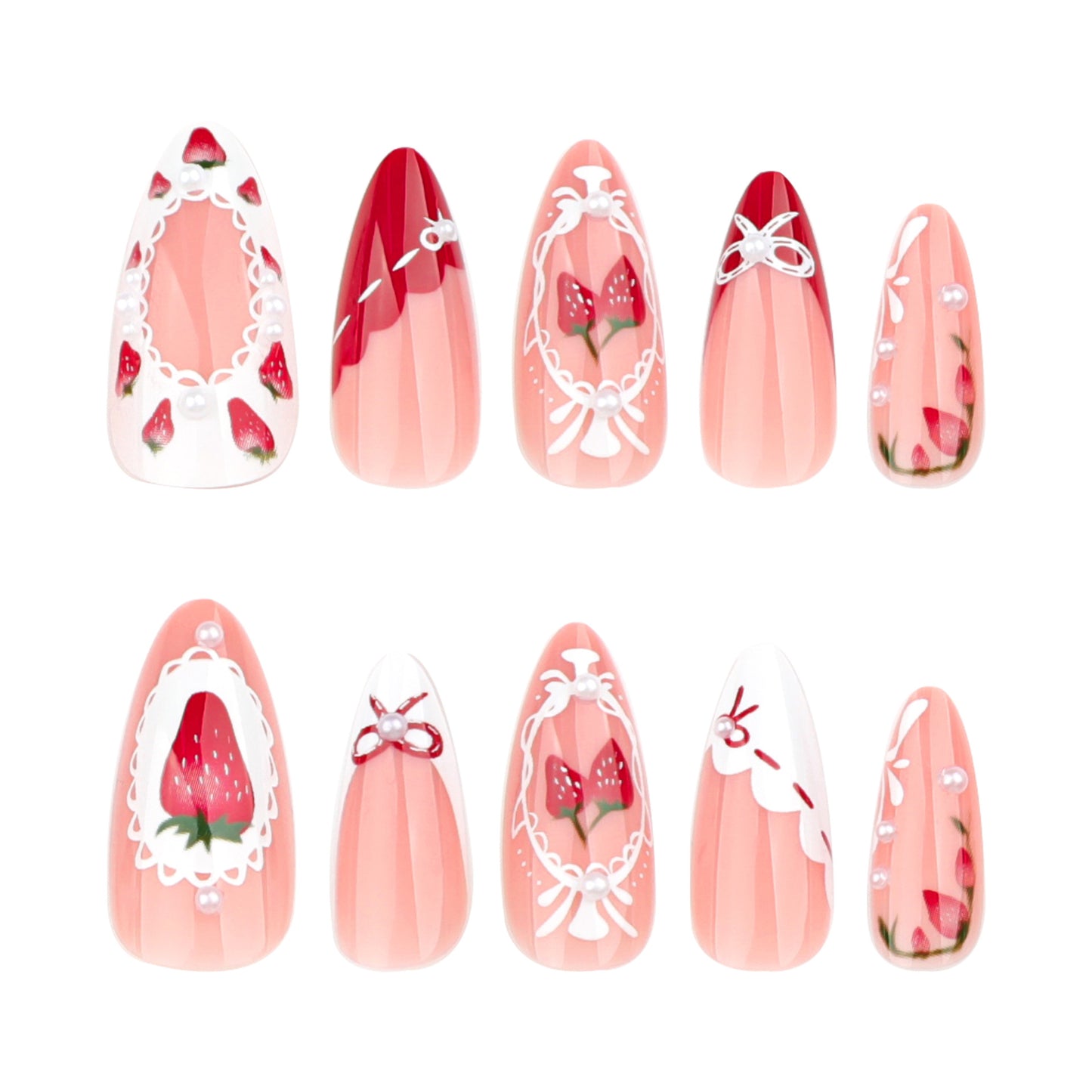 French Sweet Strawberry Almond 24PCS Free Size Press on Nails JP3740