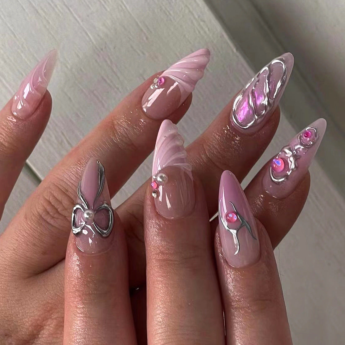 French 3D Water Ripple Bow Series  Stiletto Press on Nails - NoirNail