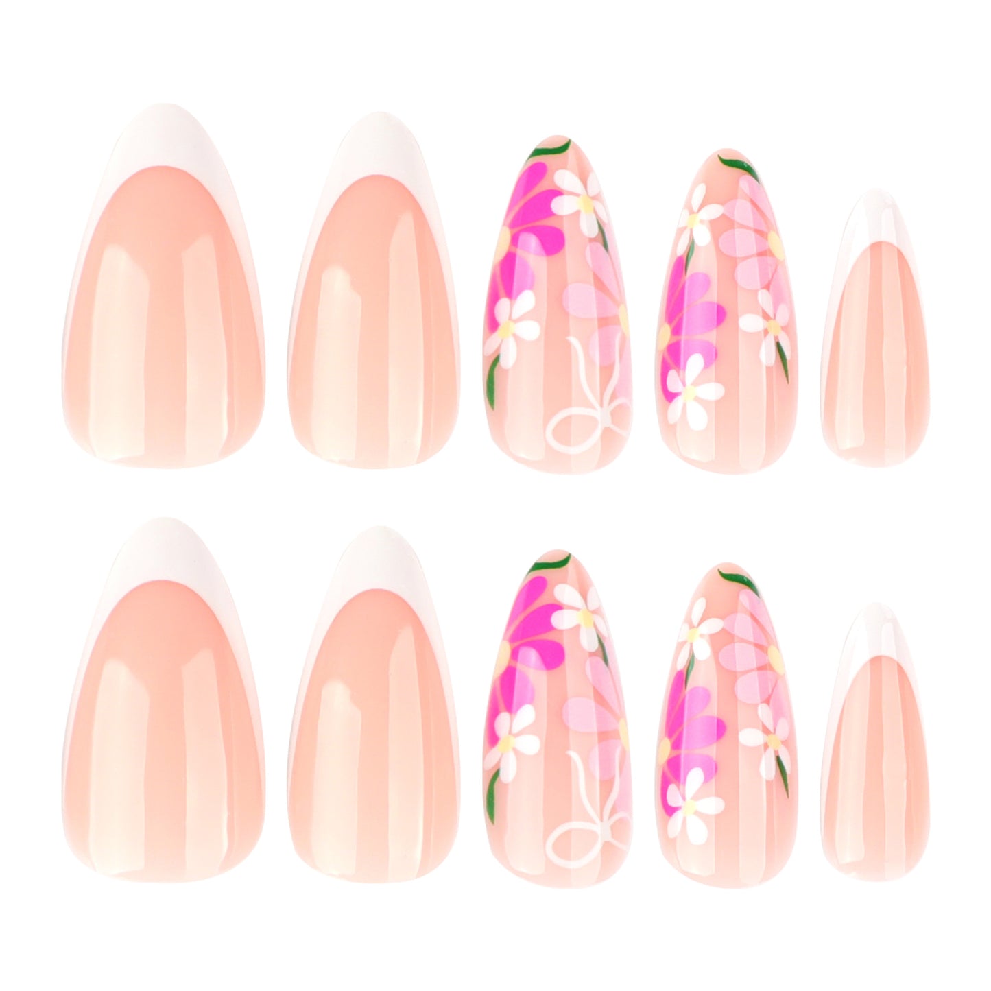 Pink Flowers Almond 24PCS Free Size Press on Nails JP3797