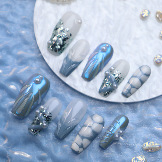 Blue Mother of Pearl  Handmade Coffin  Nails A805 - NoirNail