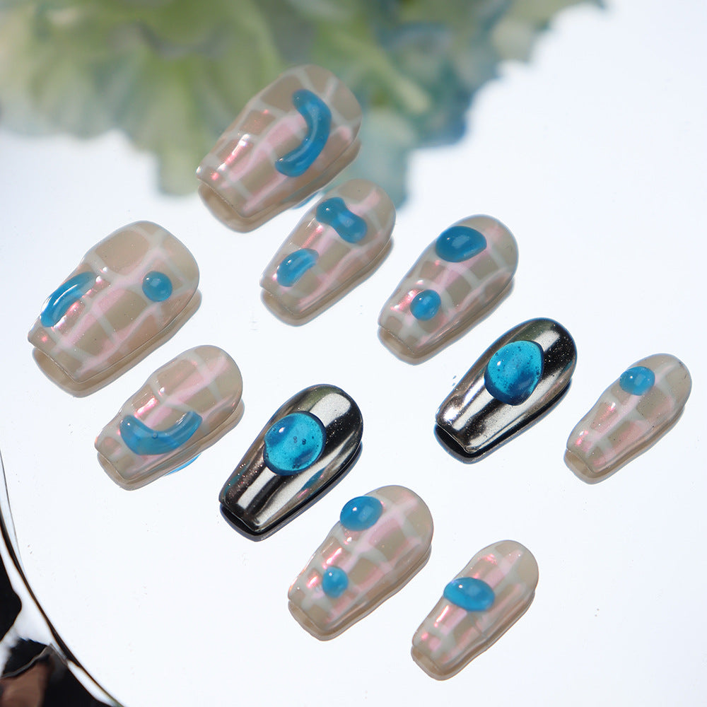 Blue Ink on Plaid Skirt Handmade Coffin Nails A854