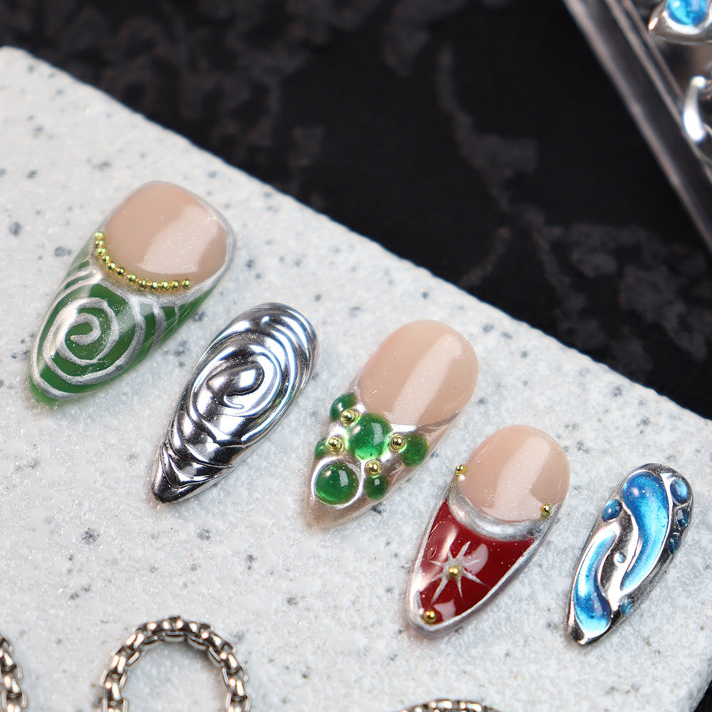 Color Metal Punk French Tip Handmade Almond  Nails A750 - NoirNail