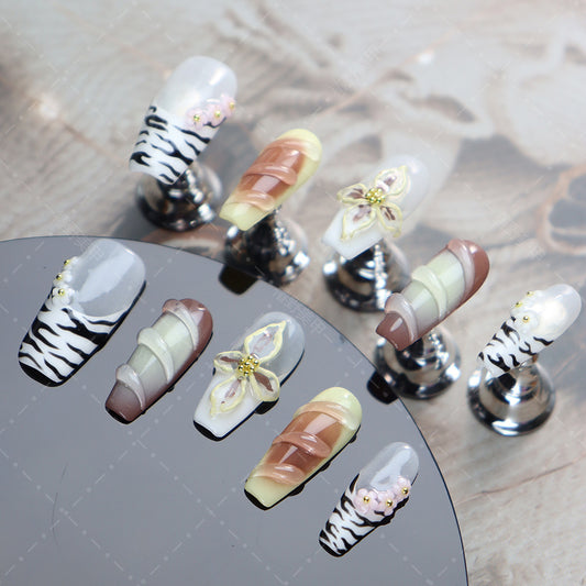 Zebra Print French Tip  Handmade Coffin Nails A1090