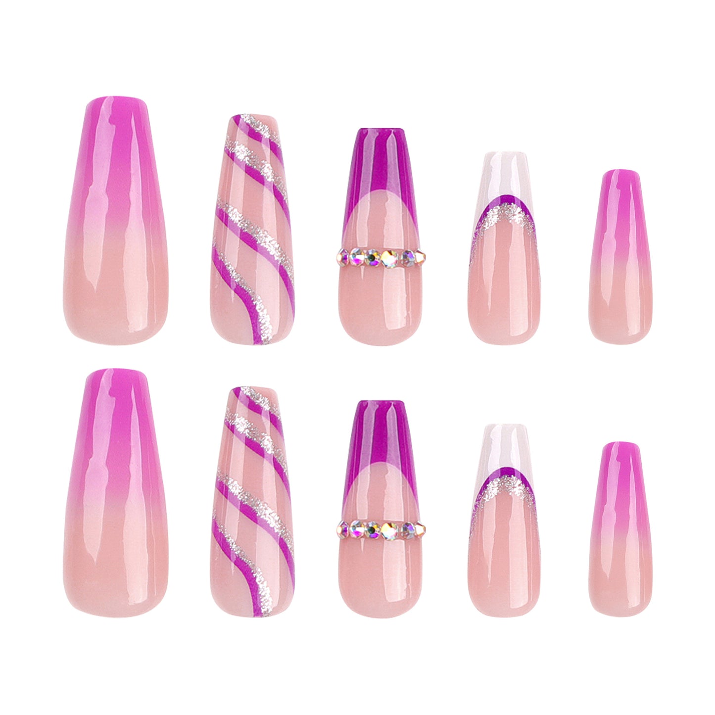 French Gradient Purple Glitter Stripes Duckbill Press On Nails - NoirNail