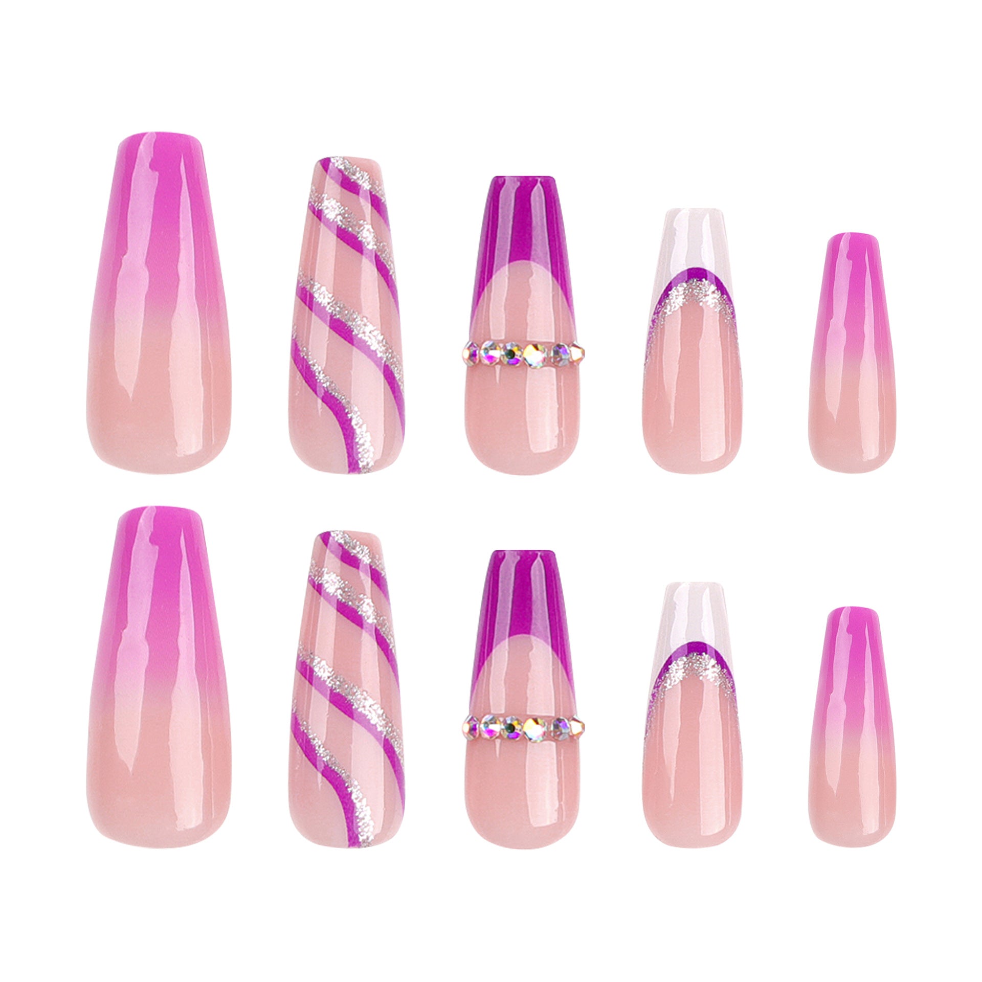 French Gradient Purple Glitter Stripes Duckbill Press On Nails - NoirNail