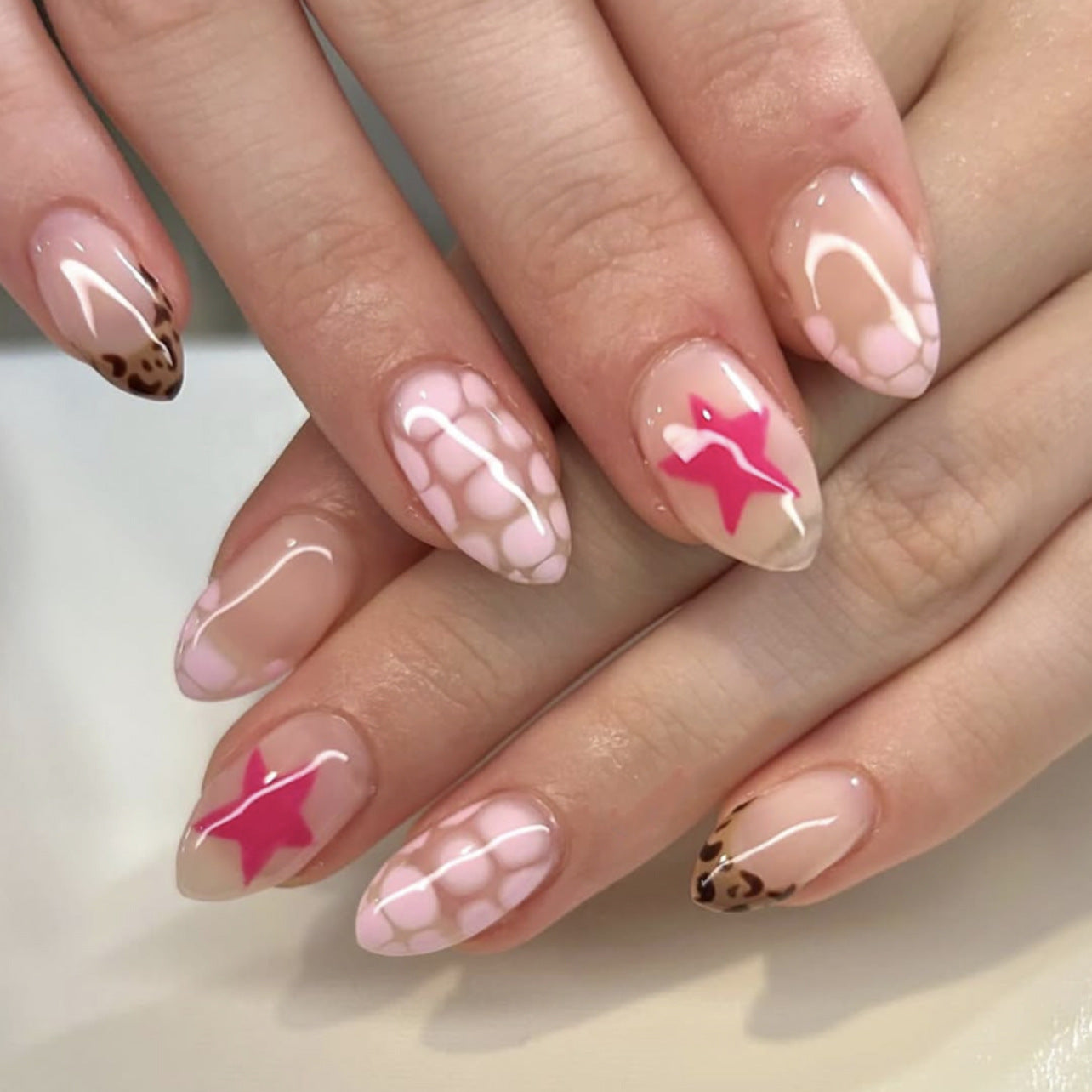 Leopard Print French Tip Pink Star Almond 24PCS Free Size Press on Nails JP3941
