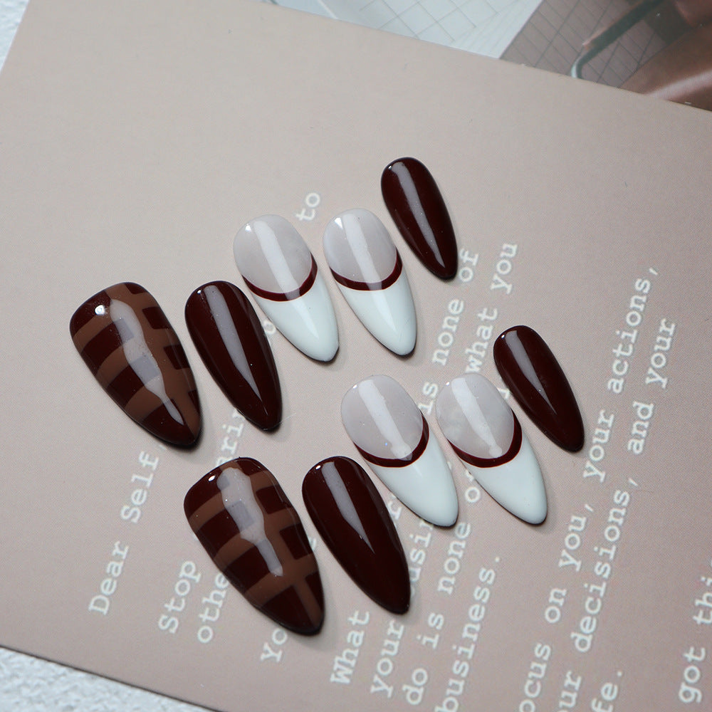 Brown classic French Tip Handmade Almond  Nails  A673 - NoirNail