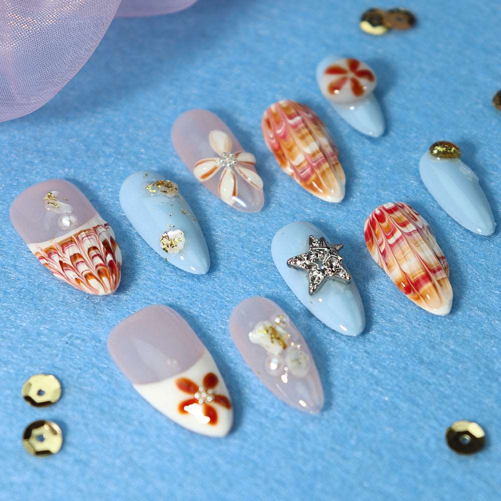 Autumn Beach  French Tip Handmade Almond  Nails A916