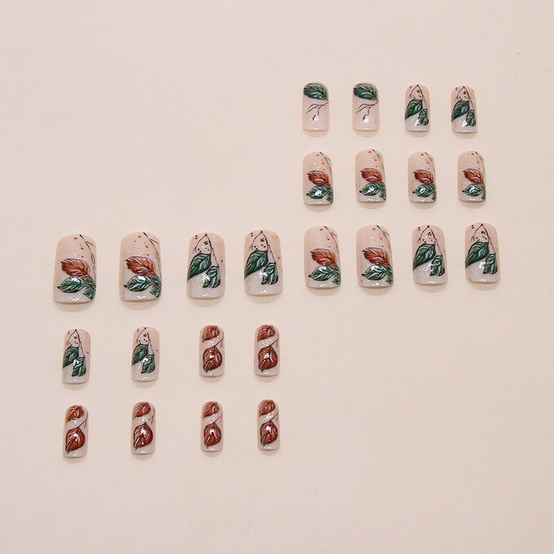 Retro Atmosphere Leaves Coffin 24PCS Free Size Press on Nails W1845