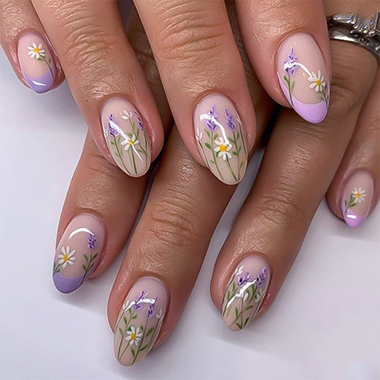 Field Flowers Almond 24PCS Free Size Press on Nails JP3760