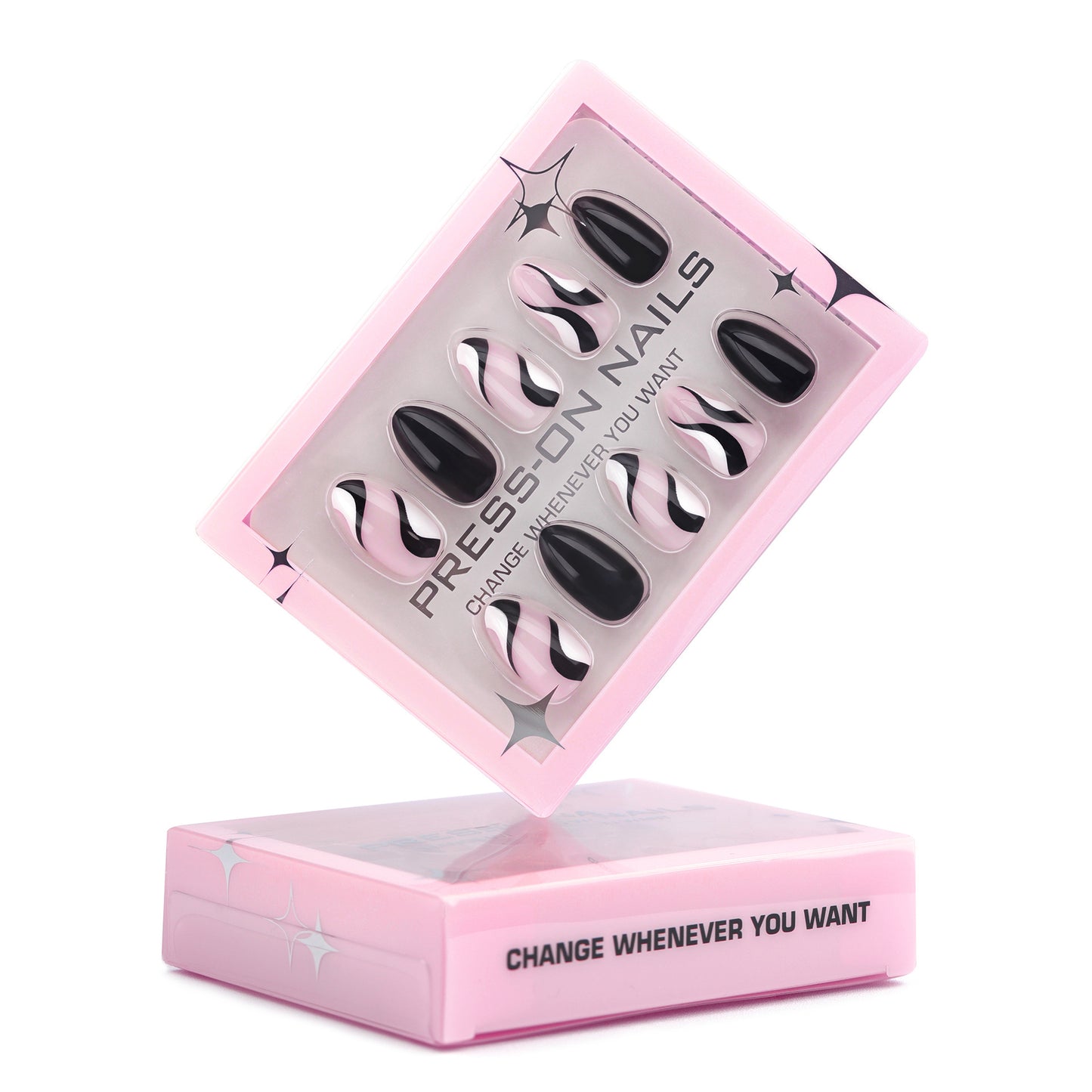 Black and White Abstract Stripes Almond 30PCS Free Size Press on Nails GD19