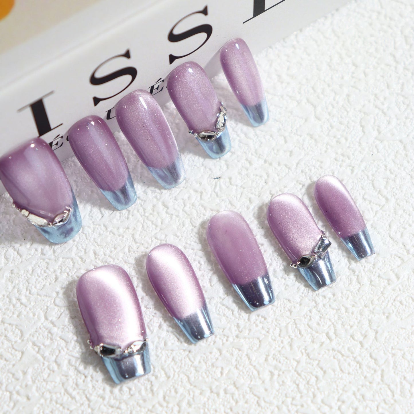 Violet Cat Eye Glue Handmade Coffin Press on Nails A439