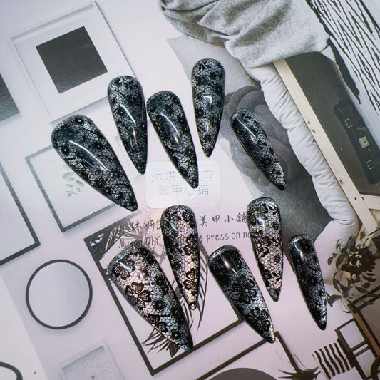 Grey Photosensitive Cat-Eye Lace 100% Handmade Pressons - NoirNail