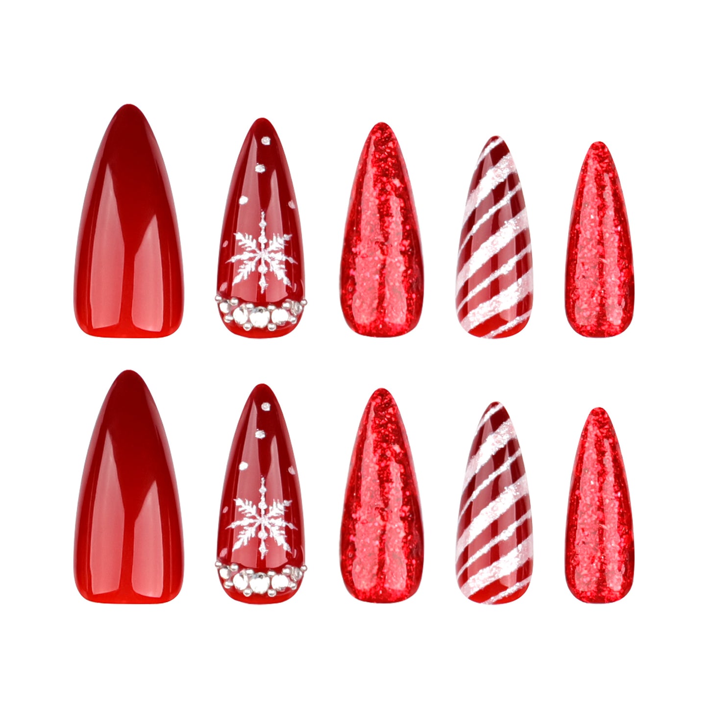 Christmas Striped Snowflakes Almond 24PCS Free Size Press on Nails JP3461
