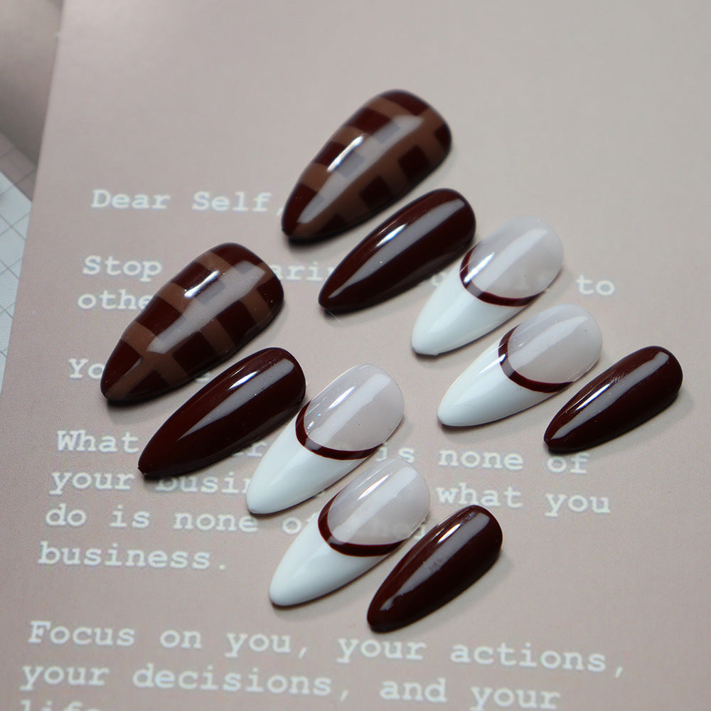 Brown classic French Tip Handmade Almond  Nails  A673 - NoirNail