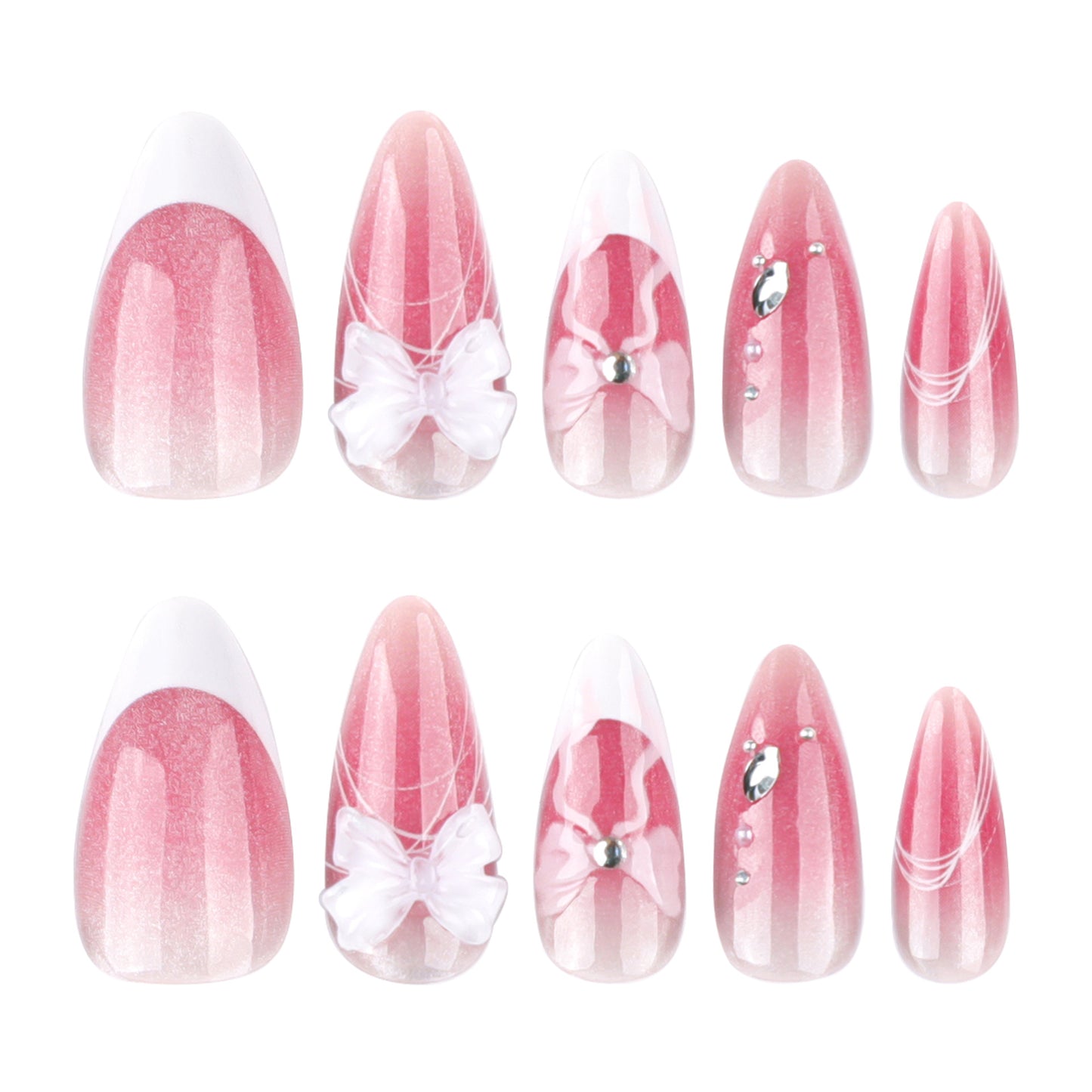 Cat Eye Gradient 3D Bow Almond 24PCS Free Size Press on Nails JP3779