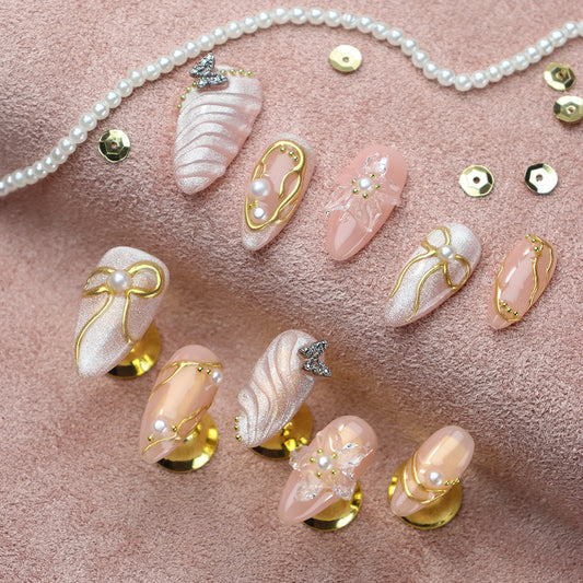 Gold Bow Cat Eye Handmade Almond  Nails  A913 - NoirNail