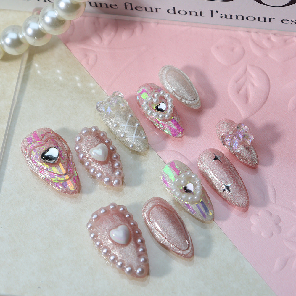 Miss Candy Pink Bow Handmade Almond Press on Nails A789