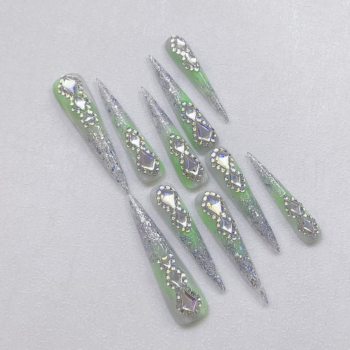 Mint Green Rhinestones Handmade Stiletto Press On Nails