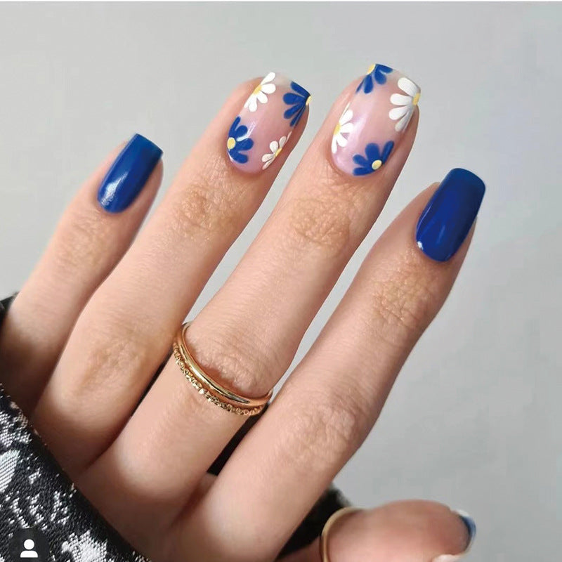 Blue and White Flowers Square Press On Nails - NoirNail