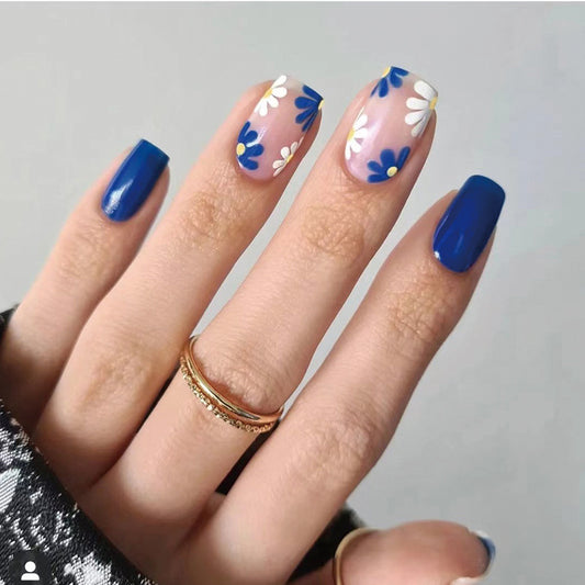 Blue and White Flowers Square Press On Nails - NoirNail