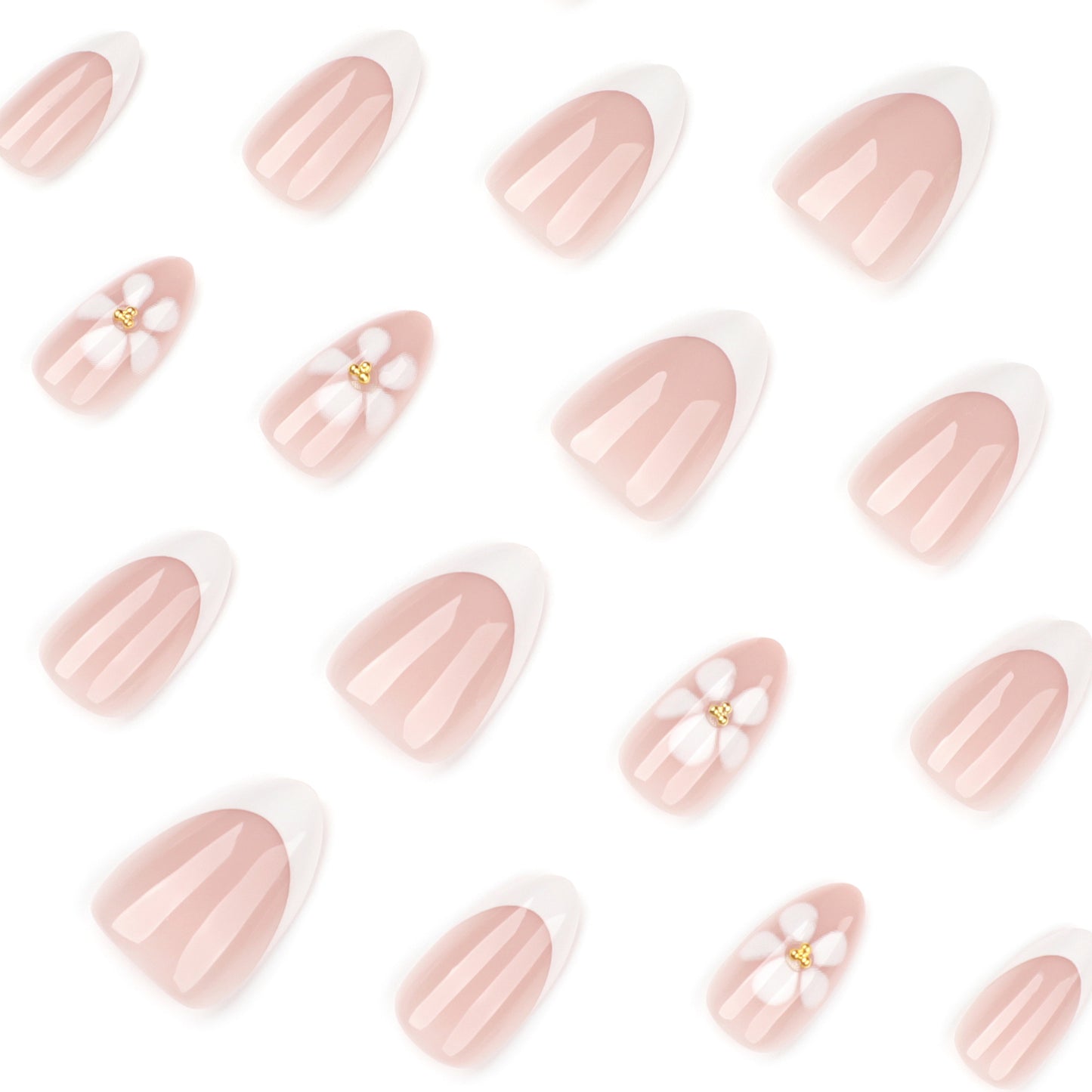 Classic French White Pointed Flower Almond 24PCS Free Size Press on Nails JP3916