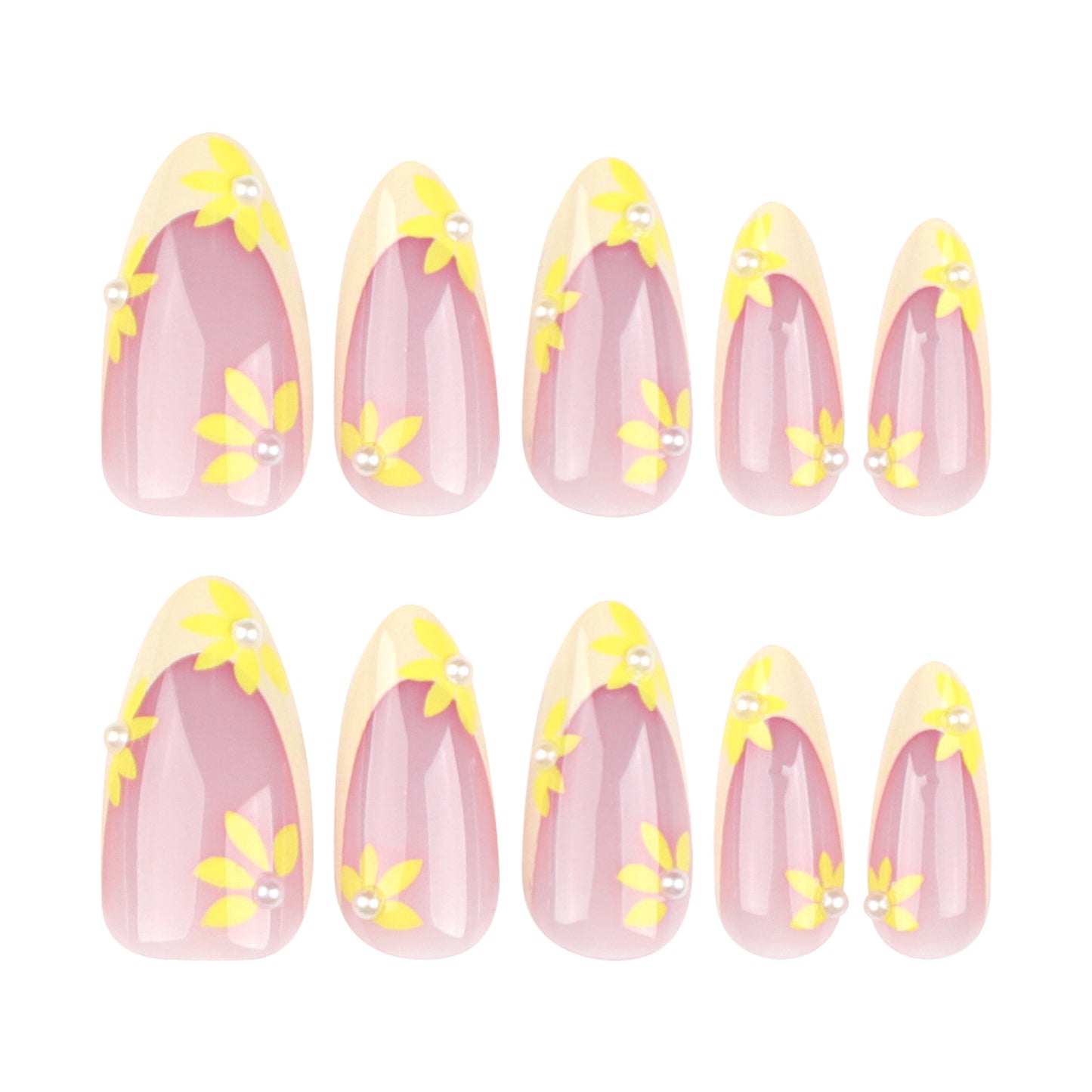 Yellow Daisy French Tip Almond 24PCS Free Size Press on Nails JP3313